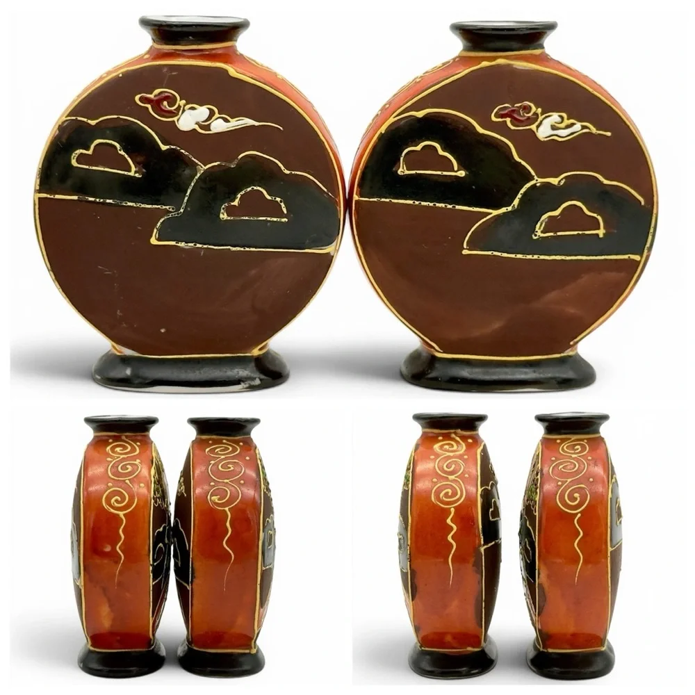 6 Vtg Japanese Satsuma Miniature Vases Lot Takito TT Mark Moriage Geisha Cabinet - Picture 4 of 11